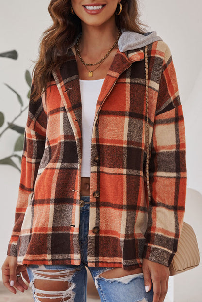 Orange Plaid Button Front Hooded Shacket - Eloy Royal