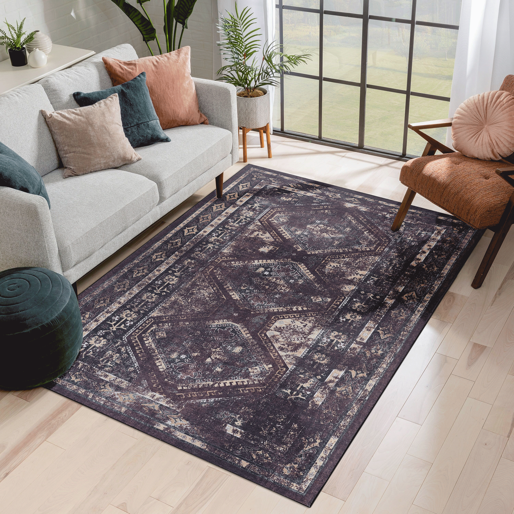 LOOM & LUXE 8x10 Area Rugs, Washable Rug, Low-Pile, Non-Slip, Non-Shedding, Foldable, Kid&Pet Friendly - Area Rugs for living room, bedroom, kitchen (Burgundy/Black, 8'x10')