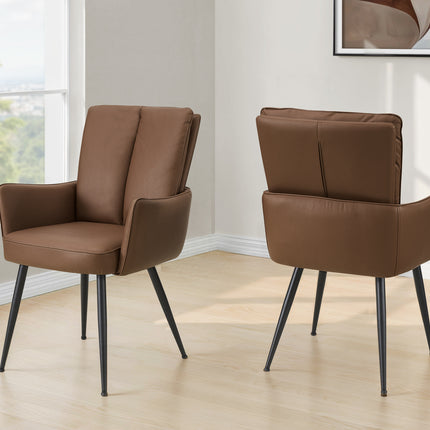 Dining Chair, 36' Height, Set Of 2, Upholstered, Side, Dining Room, Kitchen, Brown Leather Look, Black Metal, Contemporary, Modern