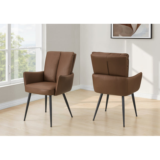 Dining Chair, 36' Height, Set Of 2, Upholstered, Side, Dining Room, Kitchen, Brown Leather Look, Black Metal, Contemporary, Modern