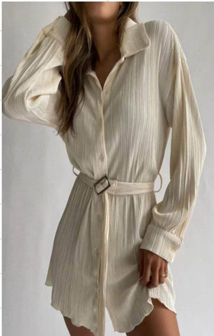 European And American Fashionable Pleated Long-sleeved Shirt-style Belted Dress