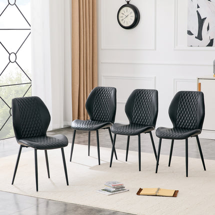 Set of 4 modern light luxury black diamond-quilted PU chairs with black metal legs. Suitable as upholstered dining chairs with backrests for home dining rooms, adaptable to a wide range of scenarios.