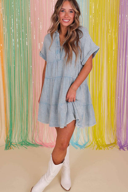 Beau Blue Mineral Wash Crinkle Split Neck Raw Hem Tiered Dress