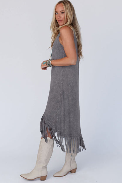 Gray Washed Sleeveless Fringe High Low Hem Maxi Dress - Eloy Royal