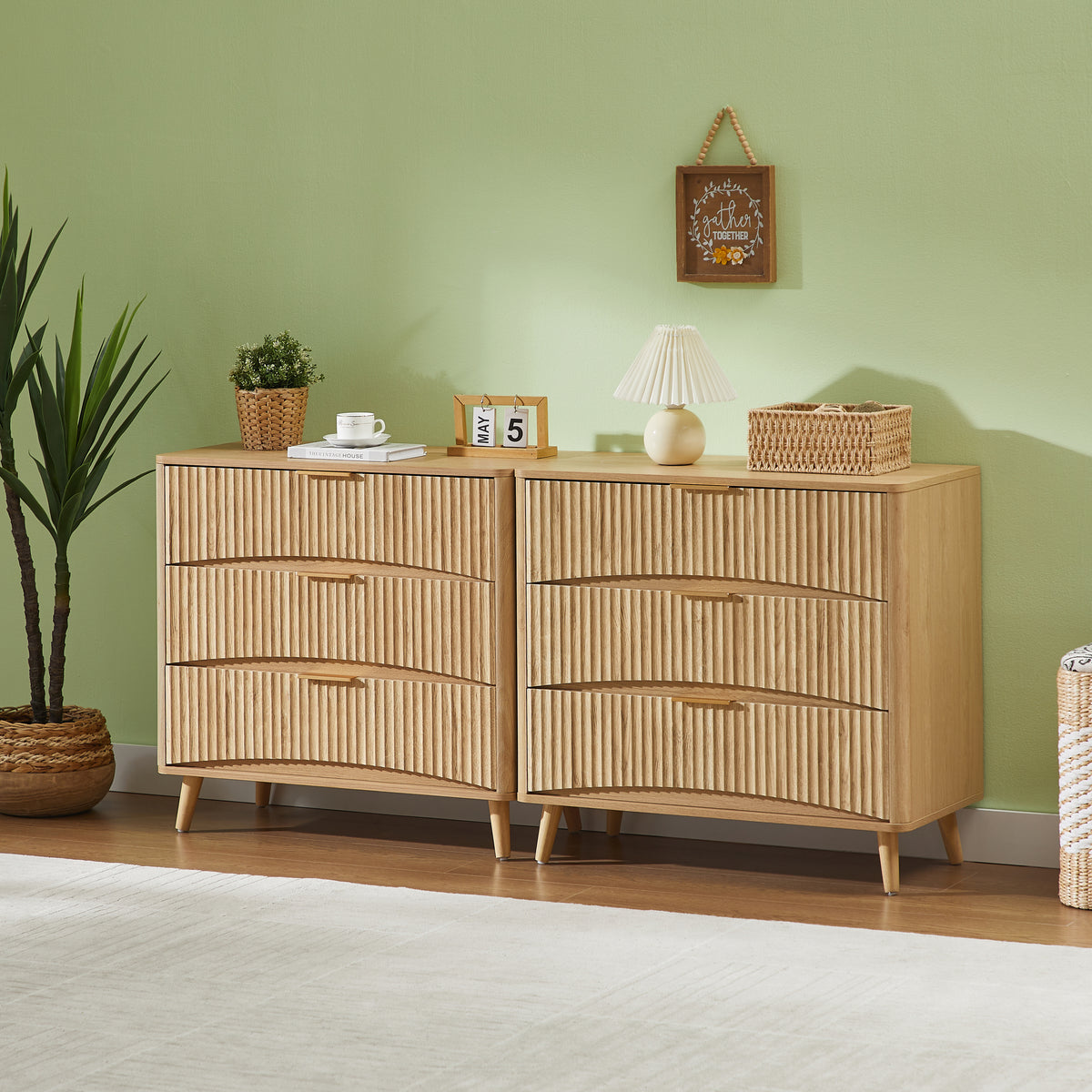 Fluted 3 Drawer Dresser Set of 2, Modern Tall Chest of Drawers with Vertical Grooved Design, Wood Storage Cabinet with Metal Handles for Bedroom Living Room, Oak. (31.5'W x 15'D x 30'H).