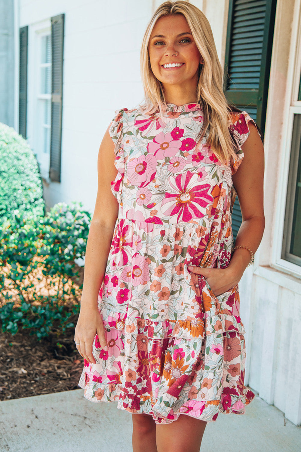 Floral Print Casual Ruffled Sleeveless Tiered Short Dress - Eloy Royal