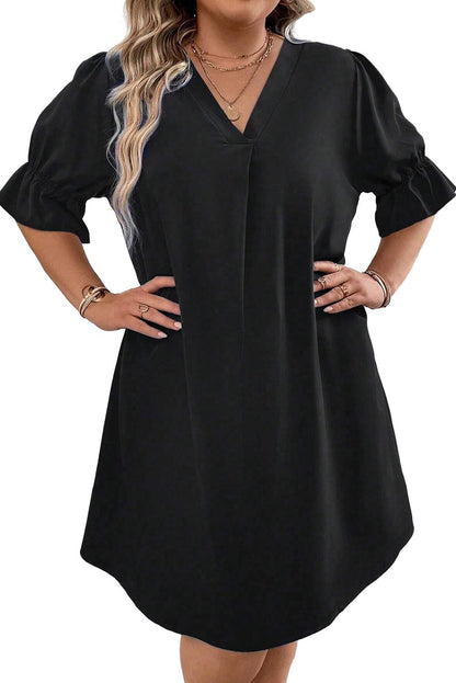 Black Ruffled Puff Sleeve V Neck Plus Size Mini Dress - Eloy Royal