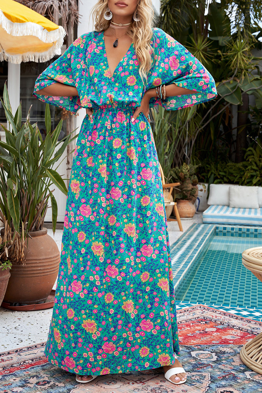 Floral Print Deep V Neck Flutter Sleeve Boho Maxi Dress - Eloy Royal