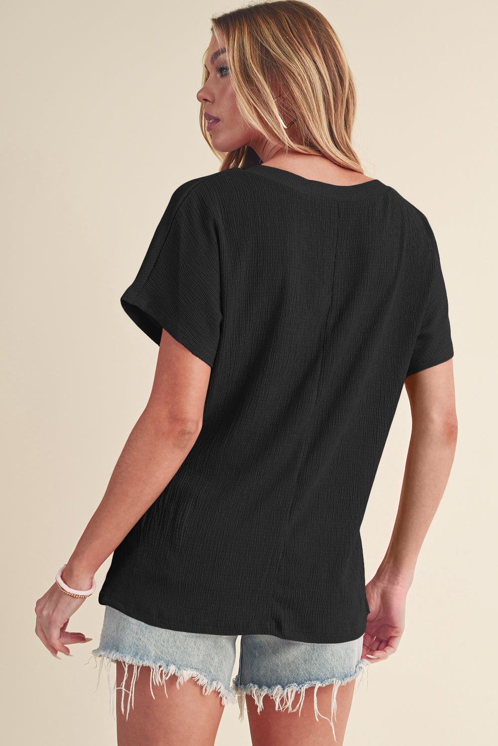 Black Plain Crinkled V Neck Short Sleeve Blouse - Eloy Royal