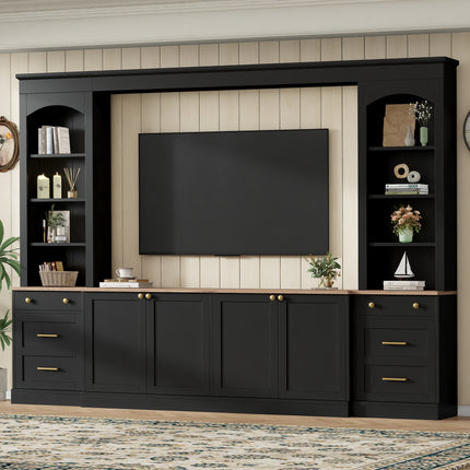 Farmhouse Arched Entertainment Center Wall Unit with Bookshelf, Retro Large TV Stand with Wood Grain for TVs Up to 70', 106inch Multi-Functional Media Console with Drawers for Living Room, Black