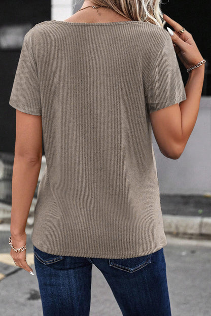 Pale Khaki Button Strappy V Neck Plain Ribbed Tee - Eloy Royal