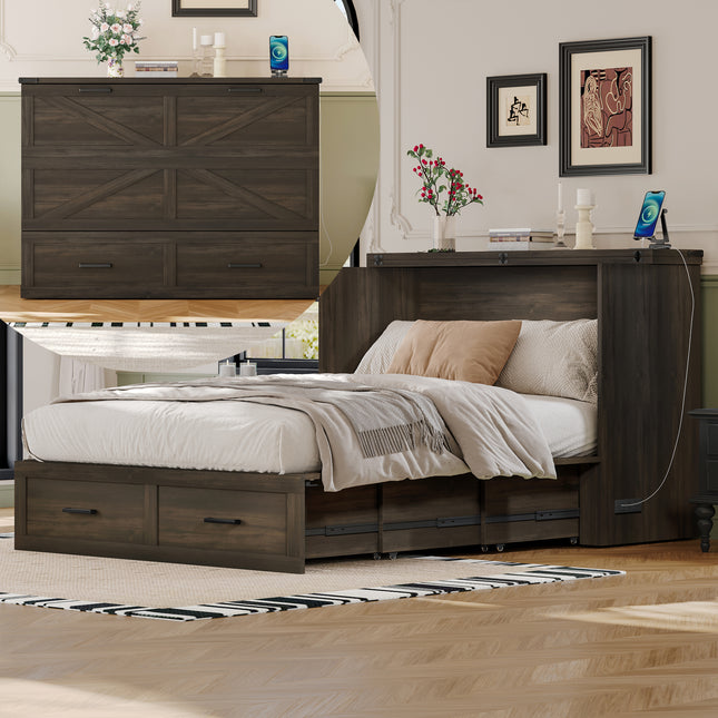 Full Size Farmhouse Murphy Cabinet Bed with Charging Station, Foldable Platform Bed with Large Storage Drawer for Guest-Room, Small Bedroom, Rustic Gray(Old SKU: N733S237853G)