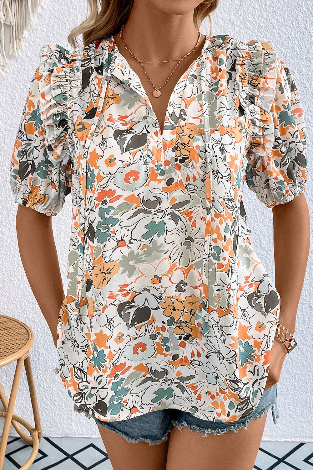 Multicolor Split V Neck Puff Sleeve Floral Print Blouse - Eloy Royal