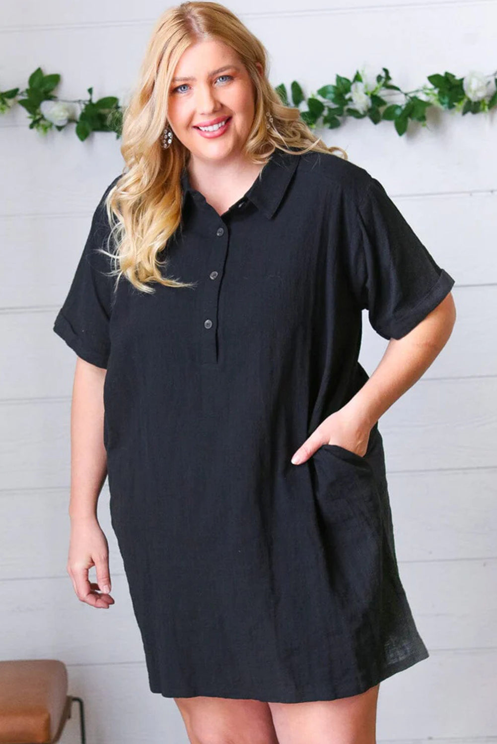 Wholesale Black Plus Size Collar Buttoned Short Sleeve Shirt Dress - Eloy Royal