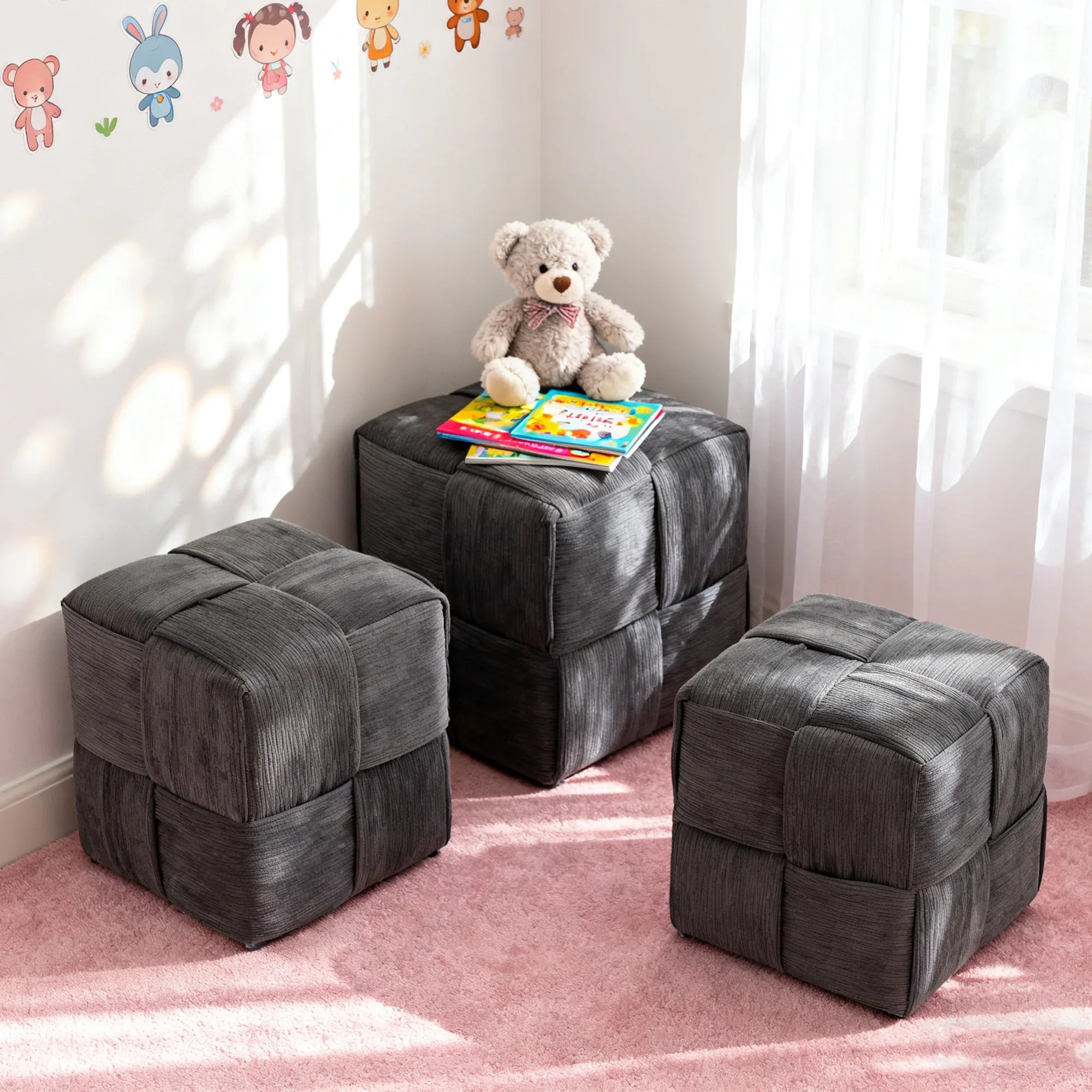 Grey Square Corduroy Ottoman Foot Rest with Soft Foam and Wooden Frame, 14.2-inch Sturdy Sofa Stool - Eloy Royal