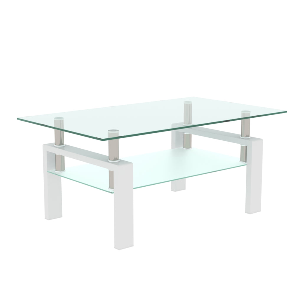 Rectangle White Glass Coffee Table Modern Side Center Table for Living Room, Transparent Tempered Glass with Iron Tube