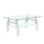Rectangle White Glass Coffee Table Modern Side Center Table for Living Room, Transparent Tempered Glass with Iron Tube