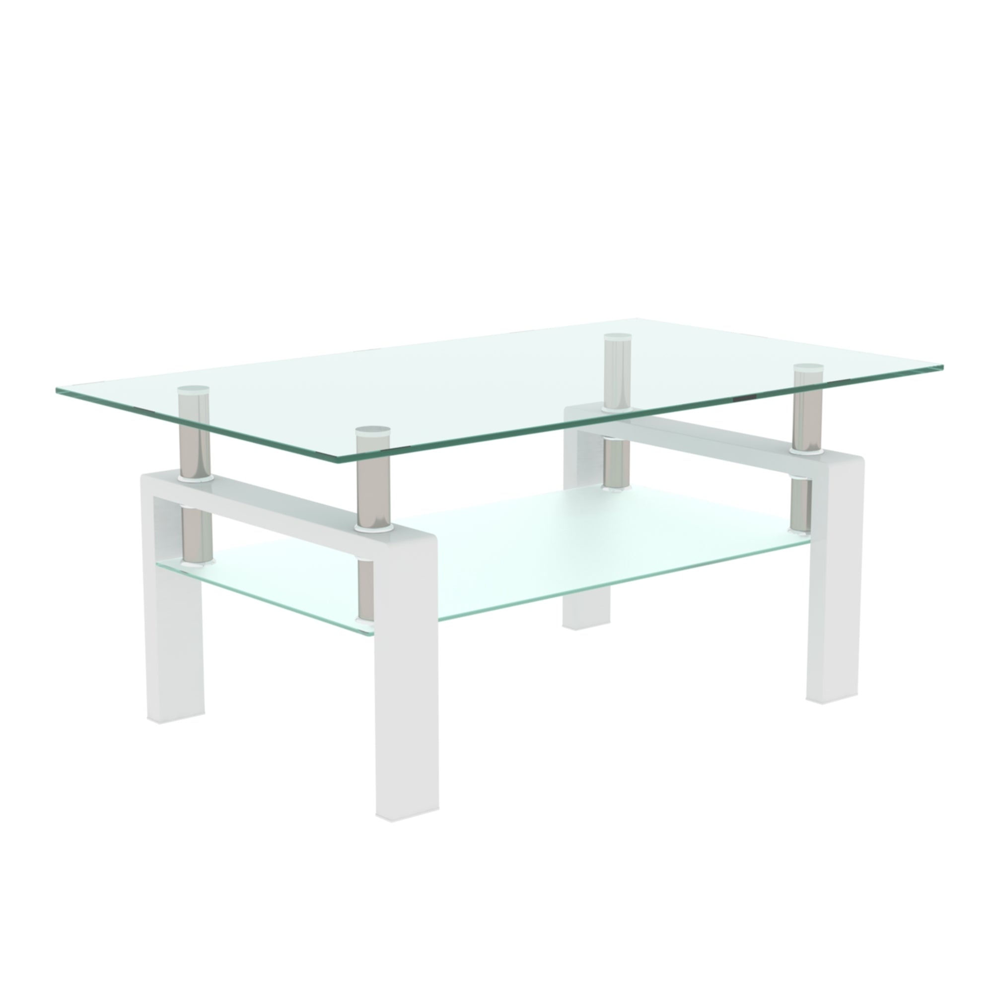 Rectangle White Glass Coffee Table Modern Side Center Table for Living Room, Transparent Tempered Glass with Iron Tube