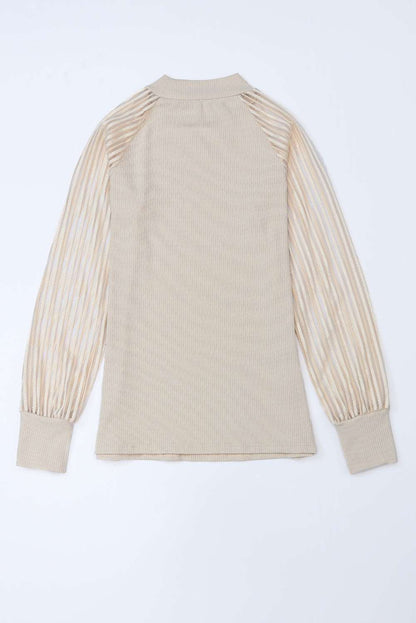 Apricot Ribbed Solid Color Striped Mesh Long Sleeve Top