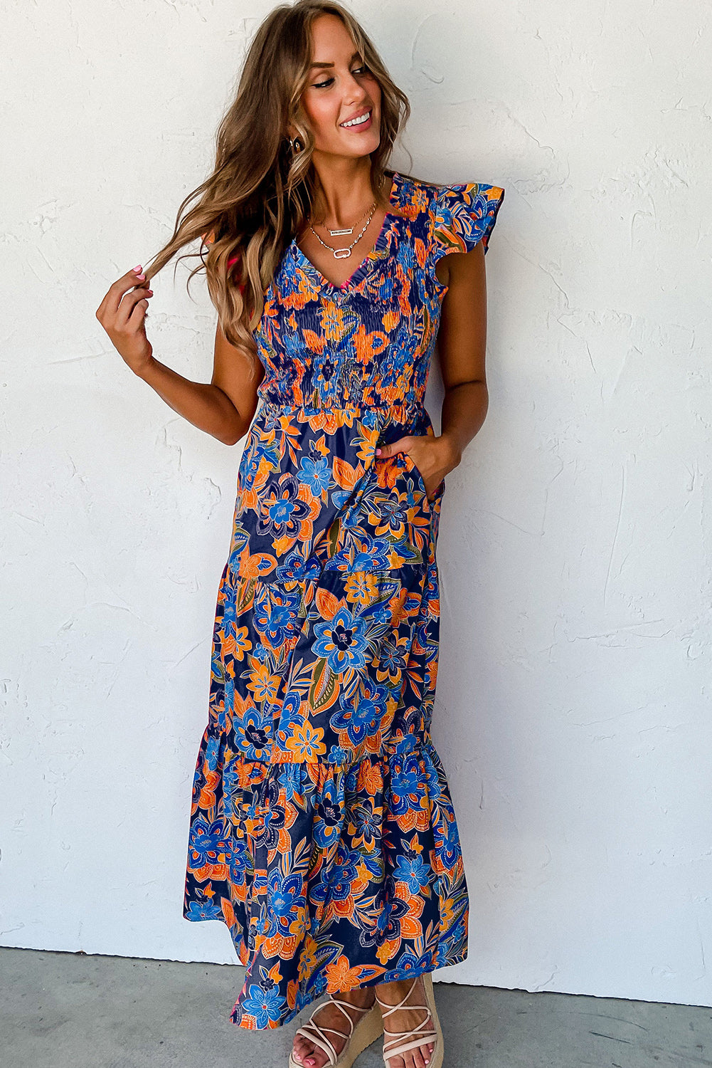 Dark Blue Boho Floral V Neck Ruffle Tiered Long Dress - Eloy Royal