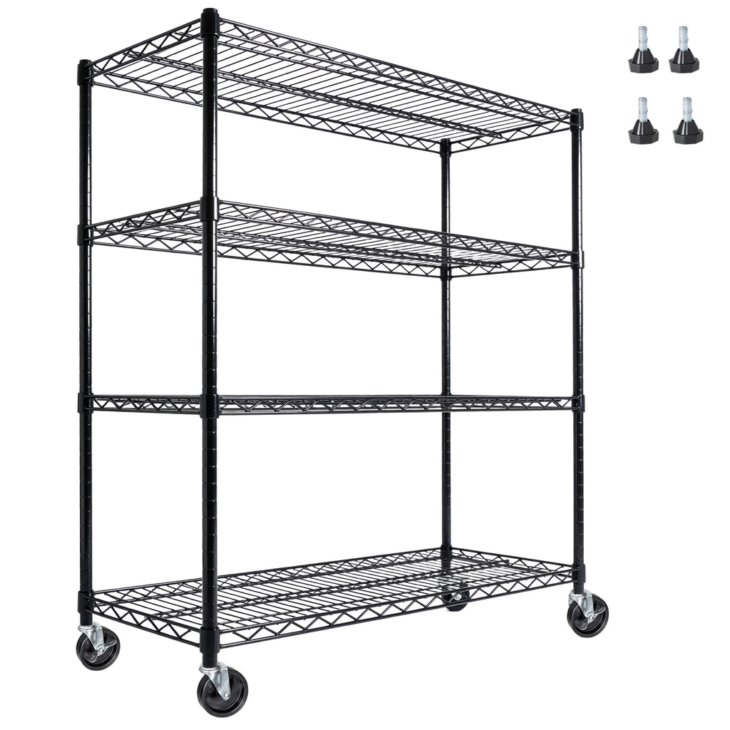 55.5' W x 24' D x 80' H Heavy Duty Wire Storage Shelves with Wheels, 4 Tier Adjustable, 2400 lbs Capacity, Garage Shelving Unit, Rolling Industrial Storage, Black