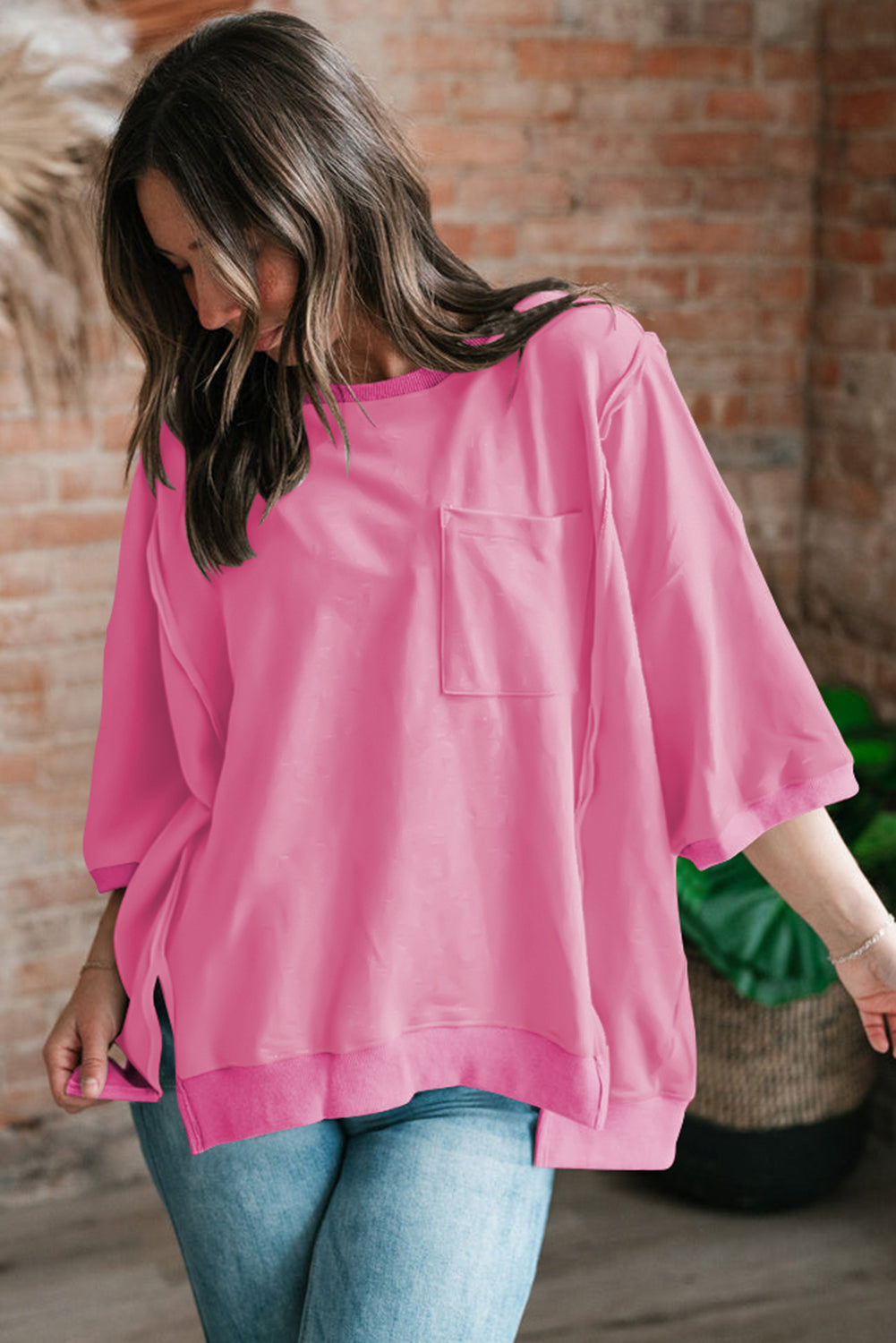 Bonbon Exposed Seam Pocket Side Split Loose T Shirt - Eloy Royal