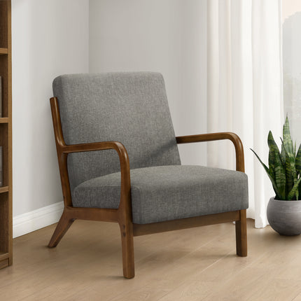 Accent Chair, 34'h, Upholstered, Living Room, Bedroom, Dark Grey Fabric, Brown Walnut Solid Wood, Modern, Mid Century