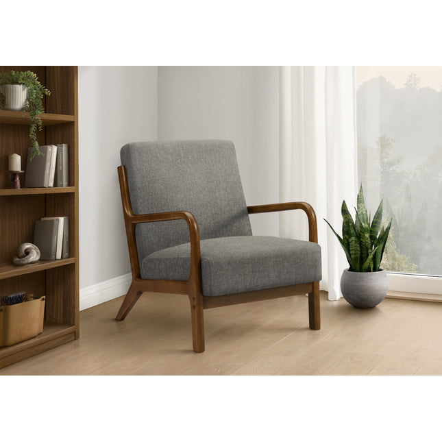 Accent Chair, 34'h, Upholstered, Living Room, Bedroom, Dark Grey Fabric, Brown Walnut Solid Wood, Modern, Mid Century
