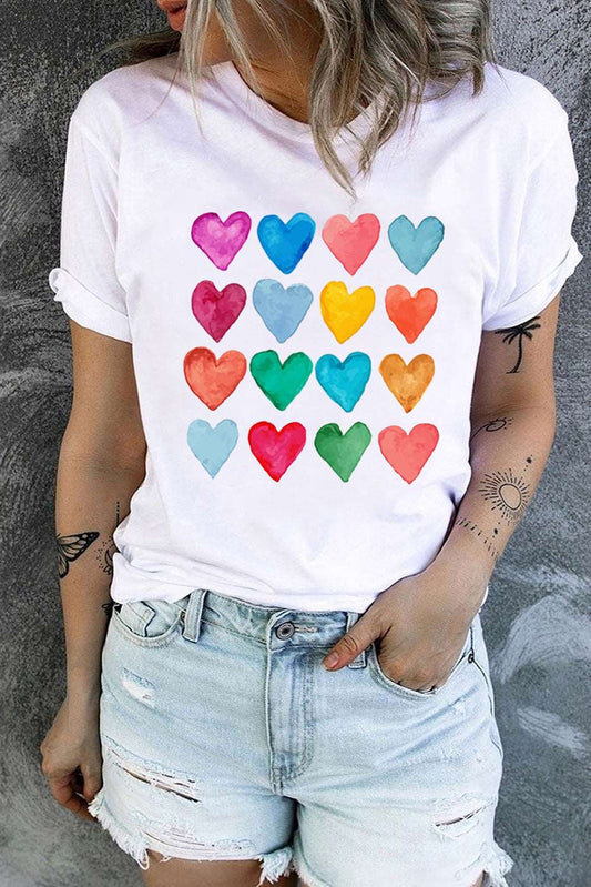 White Colorful Heart Print Graphic Crew Neck T Shirt