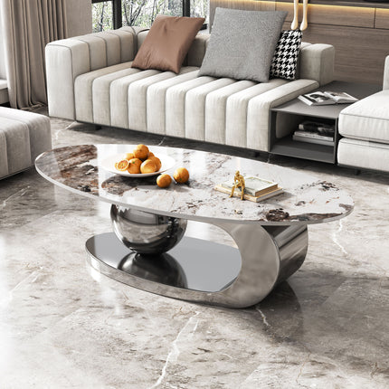 Oval Faux Marble Coffee Table with Stainless Steel Base
