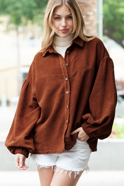 Wholesale Coffee Corduroy Button Up Lantern Sleeve Jacket - Eloy Royal