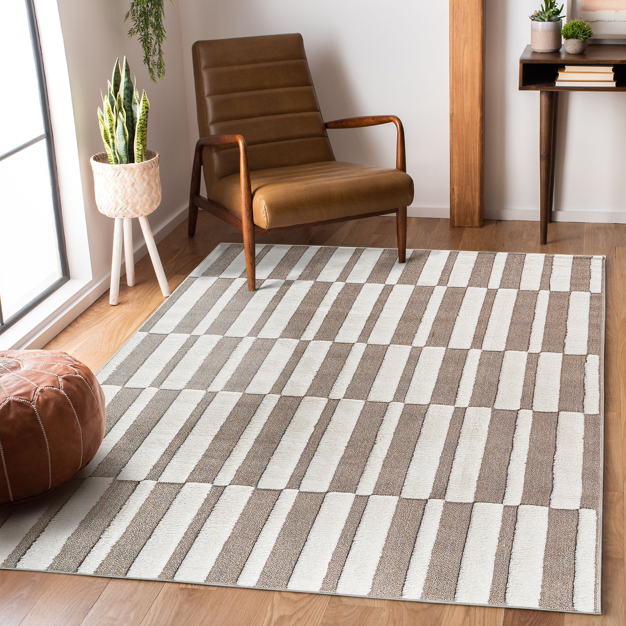 Step Collection High-Low Striped Beige/Cream Indoor Area Rug, 9'x12', Modern, Contemporary, Geometric, Bohemian, Bedroom, Kitchen, Living Room, Non Shedding Carpet