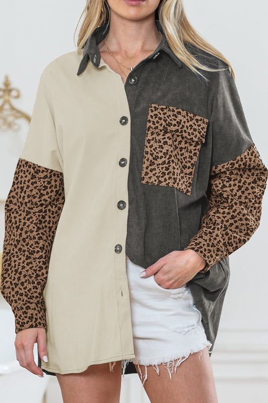 Wholesale Gray Color Block Leopard Patchwork Casual Corduroy Shacket - Eloy Royal