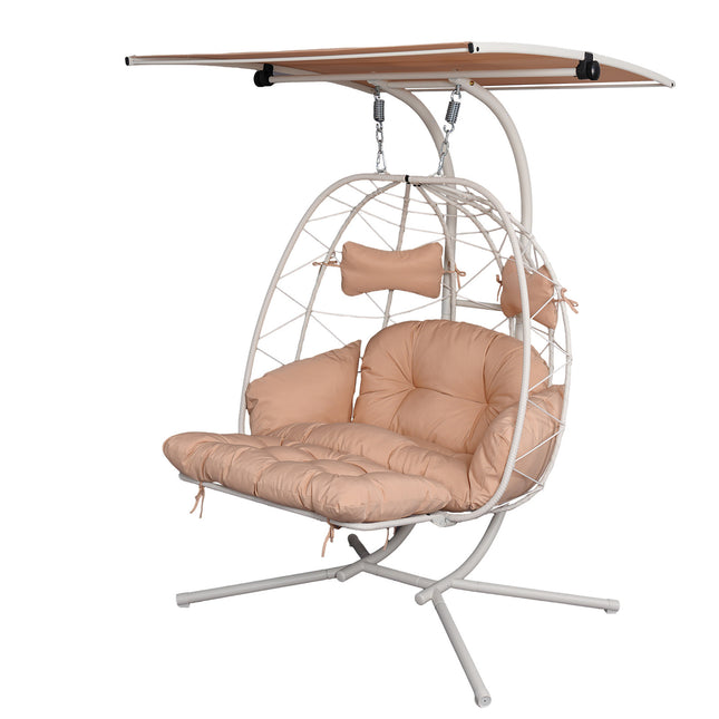 2-Person Wicker Hanging Egg Chair with Adjustable Canopy & Footrest, Double Patio Swing Chair with Stand, 660LBS Capacity Indoor Outdoor Hammock Chair with Cushions for Balcony, Garden, Backyard