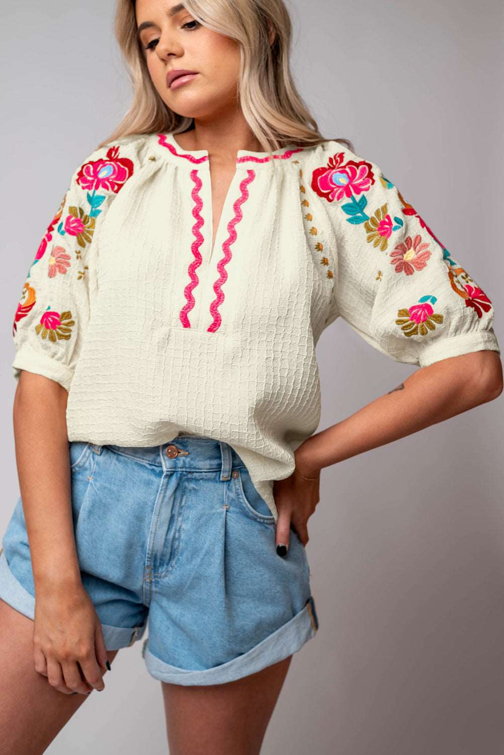 Beige Floral Embroidered Puff Sleeve Ricrac Textured Blouse