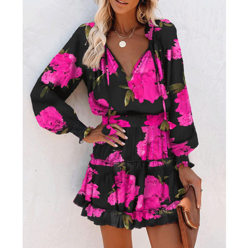 Flowers Print Long Sleeve Dress Fashion Patchwork Puff Sleeve Waist Dresses Womens Clothing