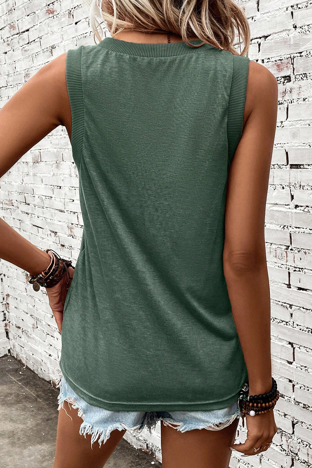 Mist Green Contrast Trim V-Neck Loose Fit Tank Top - Eloy Royal