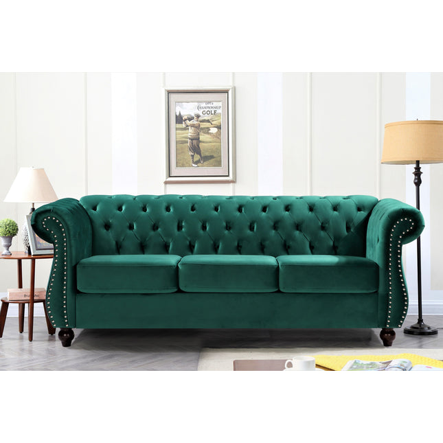 Chesterfield 3-Seater Crushed Velvet Sofa, Button Tufted Couch with Rolled Arms, High Density Foam & Spring Support, Wood Tapered Legs, Includes Matching Bolster for Living Room