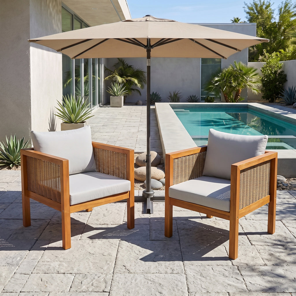 2 Piece Outdoor Armchair Set Patio Accent Chairs Acacia Wood Patio Armchairs with Cushion for Garden, Backyard, Balcony, Poolside, Grey Cushion +Natural Wood