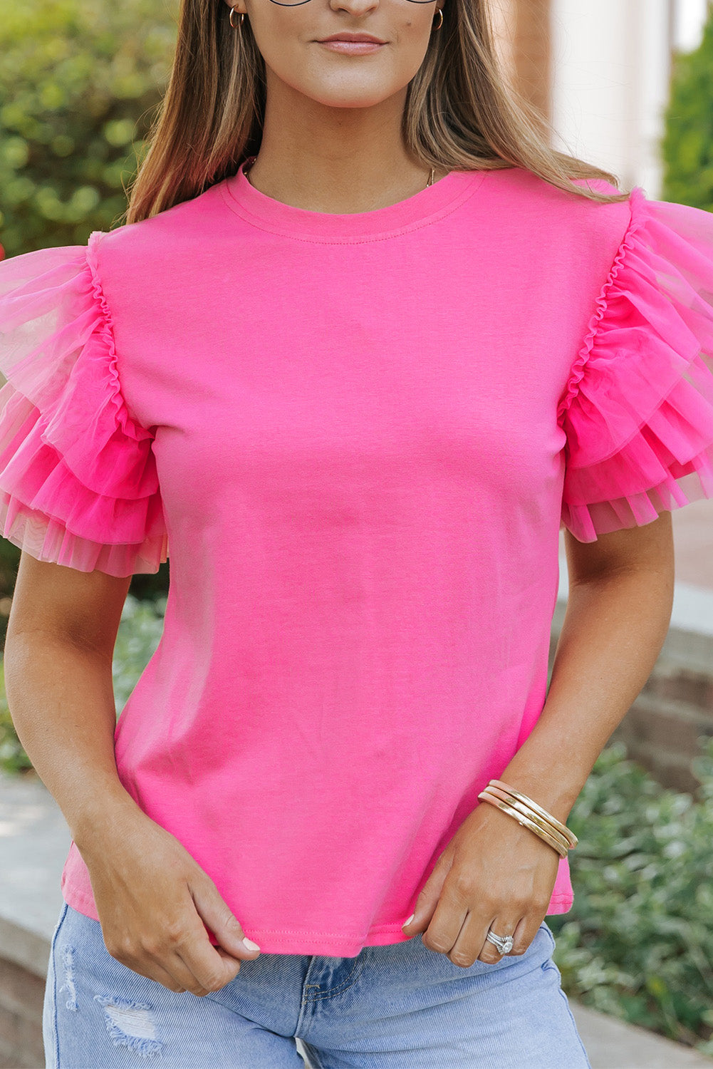 Pink Plain Round Neck Tulle Ruffle Sleeve Blouse - Eloy Royal