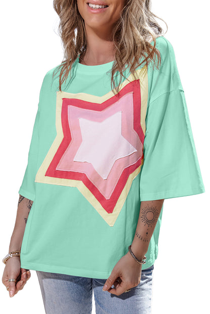 Light Pink Colorblock Star Patched Half Sleeve Oversized Tee - Eloy Royal