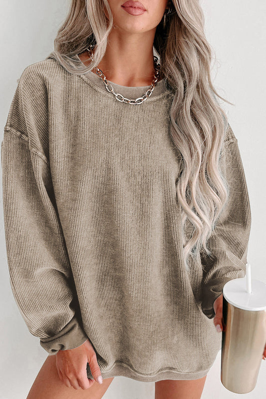 Khaki Solid Ribbed Round Neck Pullover Sweatshirt - Eloy Royal