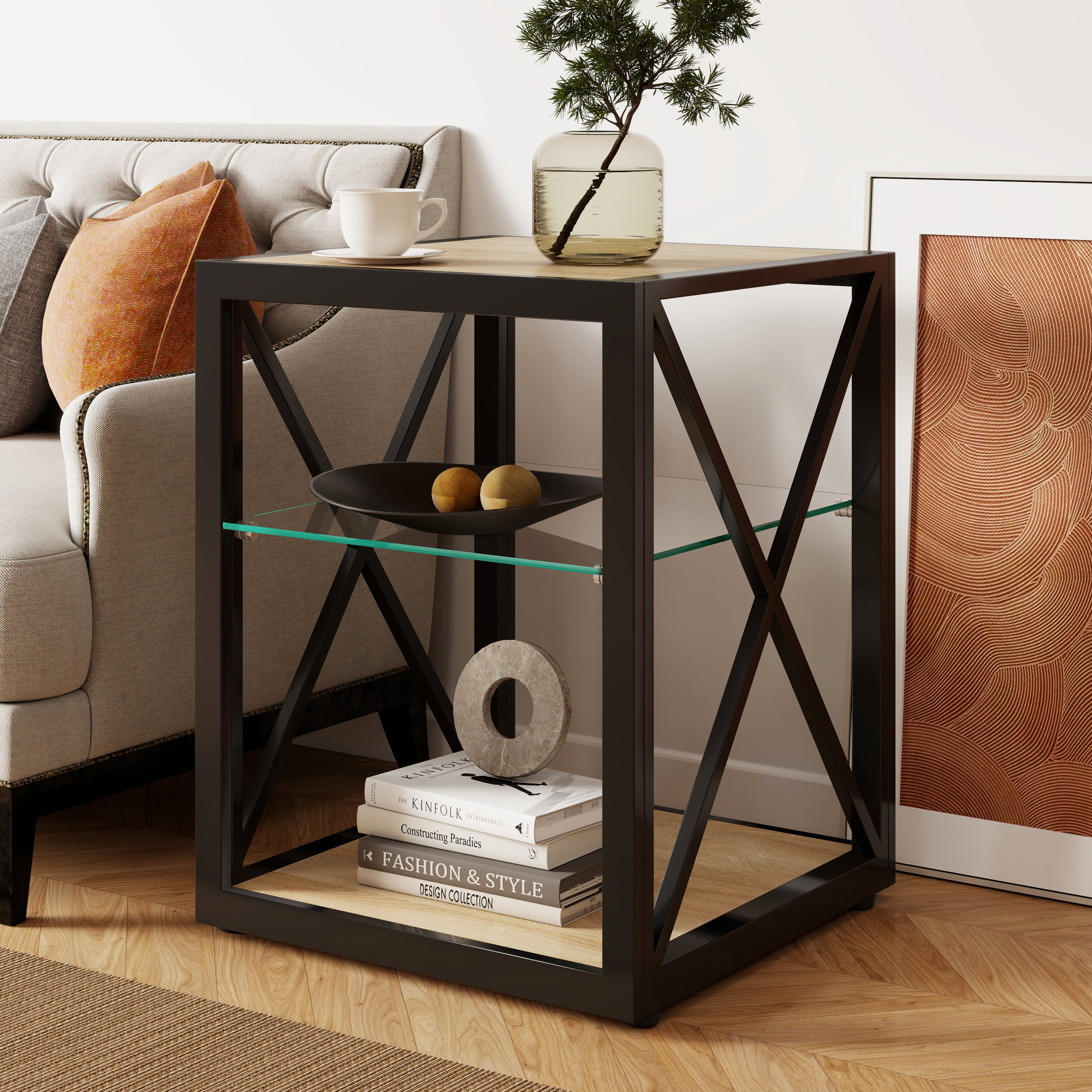 1 piece Modern End Table Nightstand for Bedroom & Living Room, Tempered Glass&Natural Wood MDF Top , Industrial Style Side Table