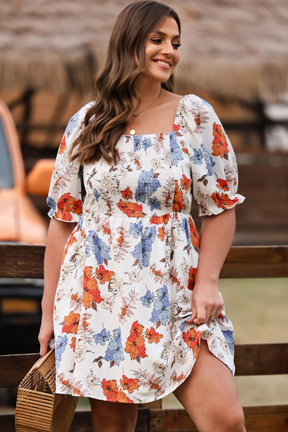 White Floral Smocked Flared Plus Size Dress - Eloy Royal