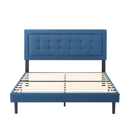 Queen Size Upholstered Platform Bed Frame, Easy Assembly Bedroom Bed Frame, Dark Blue
