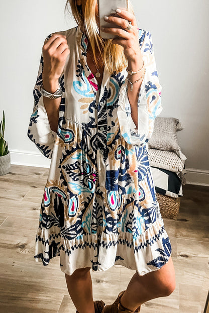 White Ethnic Print Boho Button Tiered Mini Dress - Eloy Royal