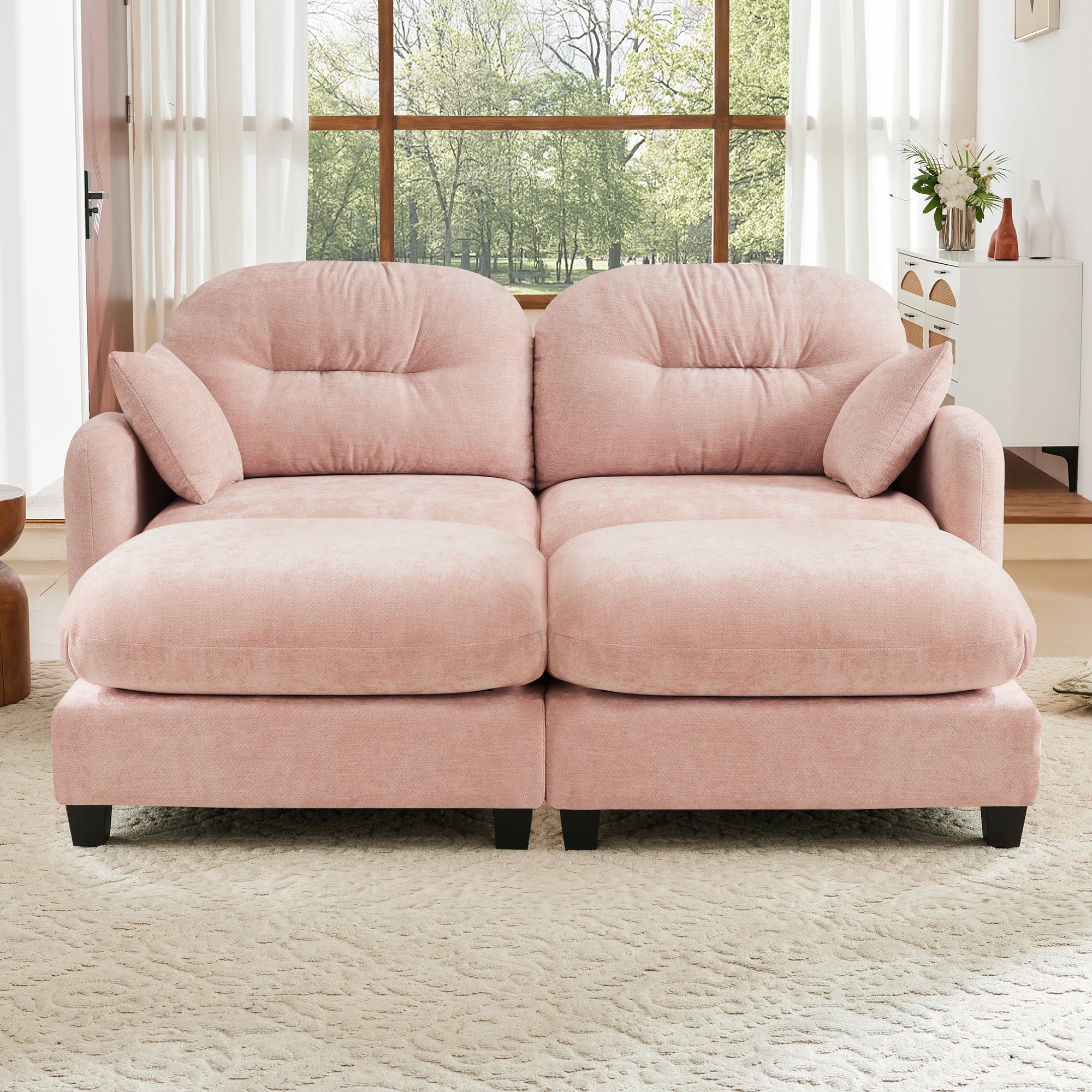 Cloud Sectional Couches,Premium Chenille Fabric Paired With Soft Throw Pillows,Quilted Pleated Design High-Density Foam Ergonomic Design Easy Install Elegant Armrests,Fits Bedrooms,Pink