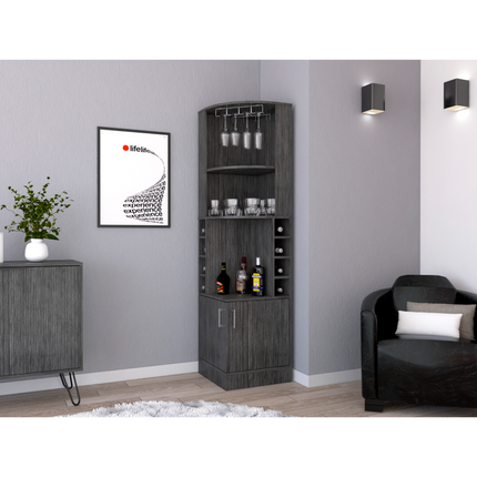 Corner bar cabinet 71' H , with two shelves at the top, 1 glass holder, 8 exterior bottle racks, 1 central shelf and a lower drawer with 2 side doors, Smoke oak