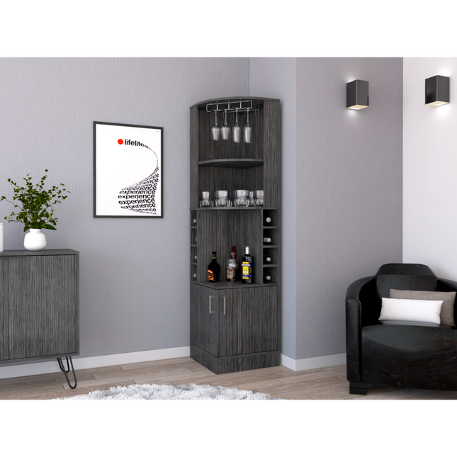 Corner bar cabinet 71' H , with two shelves at the top, 1 glass holder, 8 exterior bottle racks, 1 central shelf and a lower drawer with 2 side doors, Smoke oak