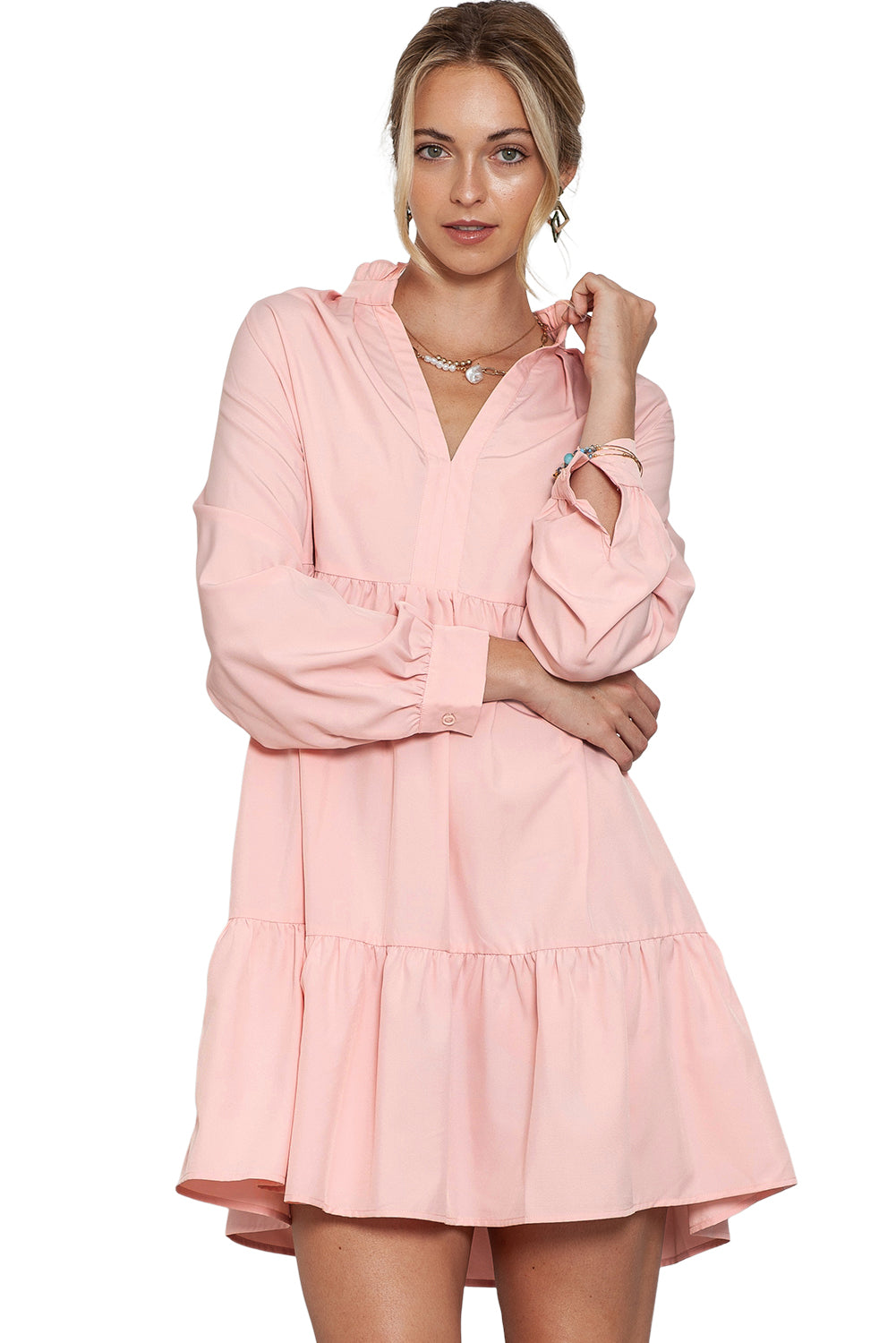 Pink Casual Stand V Neck Short Frill Dress - Eloy Royal